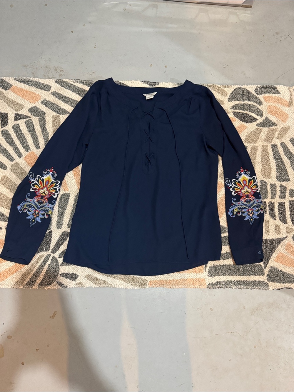Ariat Navy Lace-Up Long Sleeve Blouse with Multicolor Sleeve Embroidery